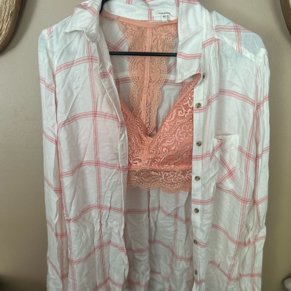 White and coral  Plaid Shirt with Lace Bralette